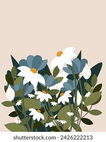 Vector illustration. Wildflowers, daisies. Poster design, minimalism, flat design. Banner, postcard, cover.