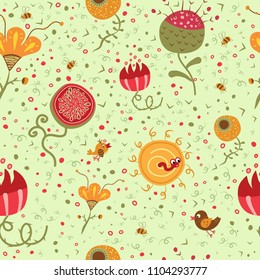 Vector illustration of Wildflowers in the form of a seamless pattern. Floral ornament, seamless texture. Perfect design for posters, cards, textile, web pages. Beautiful hand-drawn flowers.