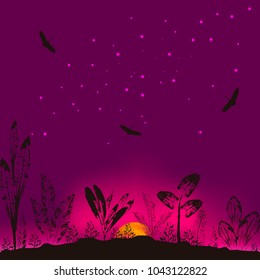 Vector illustration of wildlife. The background from the evening sky, trees and flying birds.Modern and stylish  graphic abstract design poster, cover, card ,invitation,brochure,flyer design.