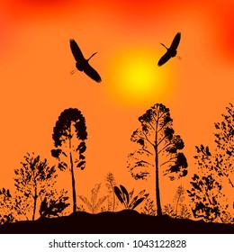 Vector illustration of wildlife. The background from the evening sky, trees and flying birds.Modern and stylish  graphic abstract design poster, cover, card ,invitation,brochure,flyer design.