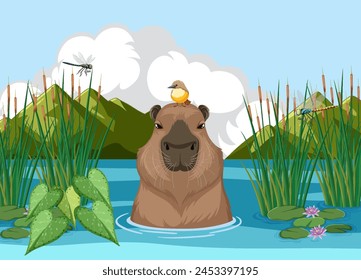 Vektorillustration der Tierwelt durch einen ruhigen Teich.