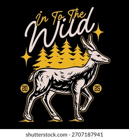 Ilustração vetorial da vida selvagem com veados e pinheiros. Grande ao ar livre e equipamentos de aventura com ilustração vintage Adequado para camiseta e design de logotipo