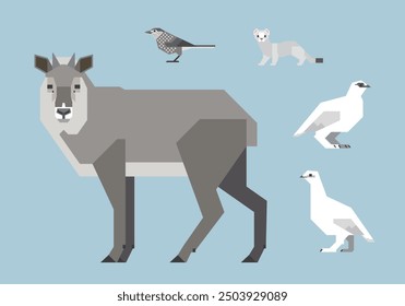 Vector illustration of wildlife in Japanese alpine:  serow, rock ptarmigan, spotted nutcracker, ermine.