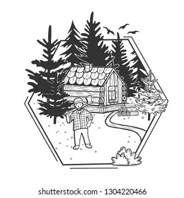 Vector illustration of wildlife nature fir tree forest landscape with wooden hut house and firewood stack. Lumberjack with ax. Hand drawn modern vintage style.