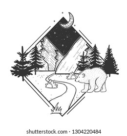 Vector illustration of wildlife nature fir tree forest and mountain landscape. Night sky with moon and stars. White bear is walking in front. Hand drawn modern vintage style.