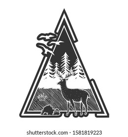 Vector illustration of wildlife nature fir tree forest landscape. Deer walking in front. Hand drawn modern vintage style.