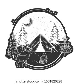 Vector illustration of wildlife nature fir tree forest and mountain landscape with camping tent. Night sky with moon and stars. Deer walking in front. Hand drawn modern vintage style.