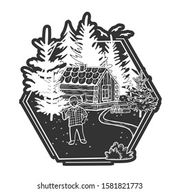 Vector illustration of wildlife nature fir tree forest landscape with wooden hut house and firewood stack. Lumberjack with ax. Hand drawn modern vintage style.