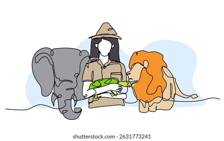 Ilustração vetorial do protetor da vida selvagem com animal. Plano moderno em estilo de linha contínua.
