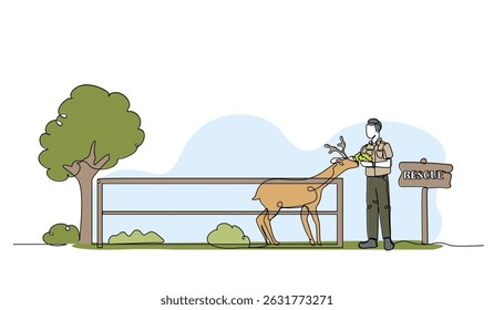 Vector illustration of wildlife rescue volunteer feeding deer. Modern flat in continuous line style.