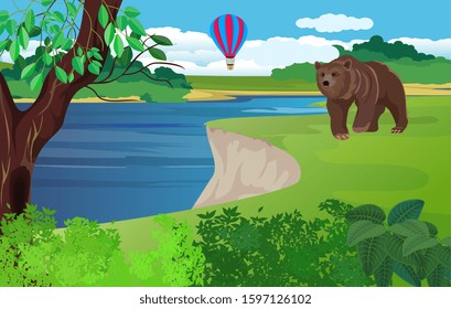  vector illustration of wildlife scene, bear on riverbank, forest, woodlands, air baloon in the sky, green hills
