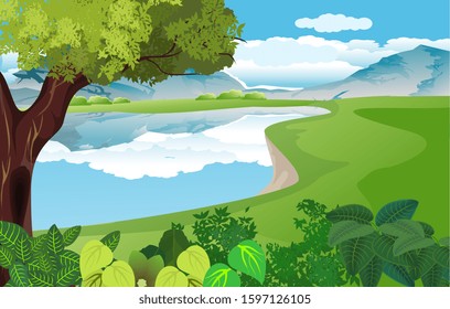 vector illustration of wildlife scene, view of riverbank, forest, woodlands, clouds on the sky, green hills