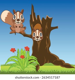 Vector illustration of the wildlife squirrel on tree
