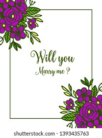 Vector illustration will you marry me with art purple rose flower frame hand drawn