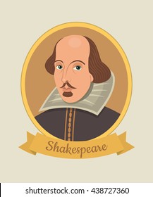 Vector illustration of William Shakespeare portrait with inscription "Shakespeare" on ribbon