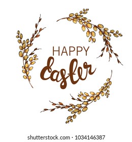 Vector illustration of a willow spring branch on a white background. Spring bouquet willow. Can be used to decorate Easter and to create brushes.