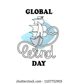 Vector illustration for wind Day. Banner, poster, postcard. Ship with sails on the wave.