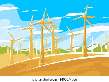 vector illustration of a wind farm, a large number of windmills for power generation on a landscape background