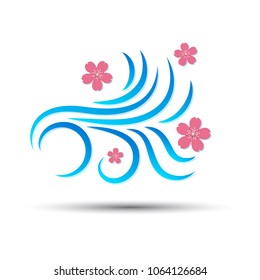 Vector illustration of wind icon with pink sakura falling flower isolated on white.
