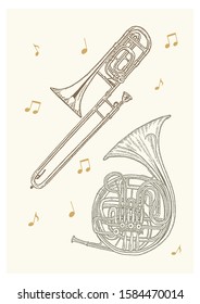 vector illustration of wind musical instruments hand drawing