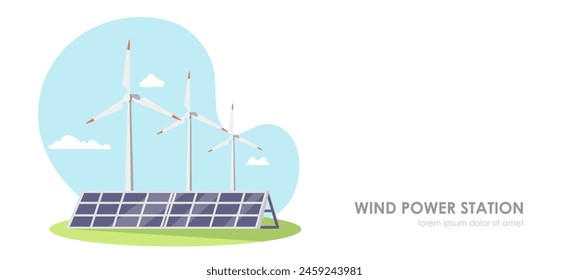 Vector illustration of a wind power station with wind turbines and solar panels, on a light blue background, concept of renewable energy. Vector illustration