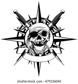 Vector illustration wind rose and pirate sign skull with crossed daggers