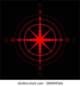 Vector illustration of Wind rose. Red on a black.