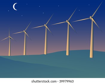 Vector illustration of a wind turbine farm.