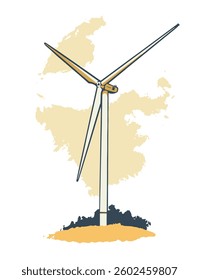 Vector illustration of wind turbine generating green energy in color