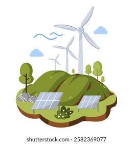 Vector illustration of a wind turbine on a mountain with solar panels at the base on a white background. This eco-friendly design symbolizes renewable energy, wind energy, and sustainability.