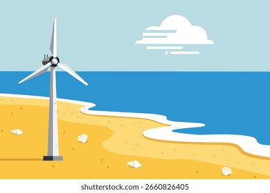 Vector illustration of a wind turbine on the sandy beach of the sea under a clear sky, presenting renewable energy and a calm seascape.