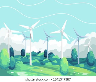 Ilustración vectorial Energía renovable de turbina eólica. Paisaje panorámico de turbinas eólicas, Energía verde y ambientalmente amigable. Torre de turbina eólica en verde campo. Ilustración vectorial en un estilo plano