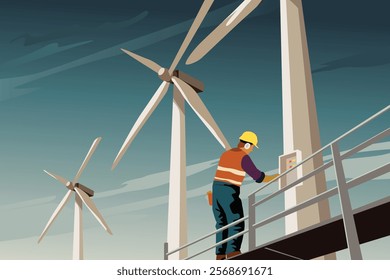 A vector illustration of Wind Turbine Service Worker Working in the Field