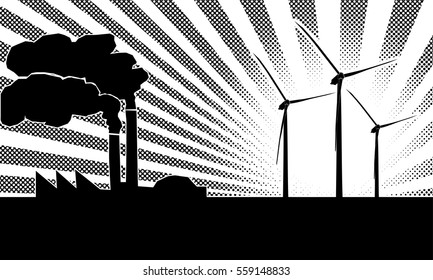 Vector illustration of a wind turbine shining next to a polluting power plant for the concept: Future energy source.