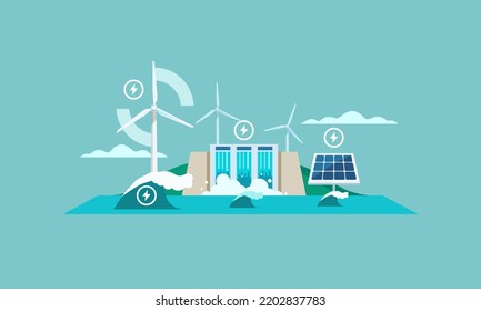 vector illustration with wind turbine and solar panels Dam with water to generate electricity and wave energy renewable energy save the environment ecology green energy concept