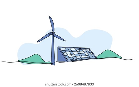 Vector illustration of wind turbine and solar panel. Modern flat in continuous line style.