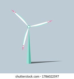 Vector illustration. Wind turbines with changing angle rotation. Symbol of ecological power. Windmills with shadow. Alternative energy resources. For design landscapes, games, infographics, etc.