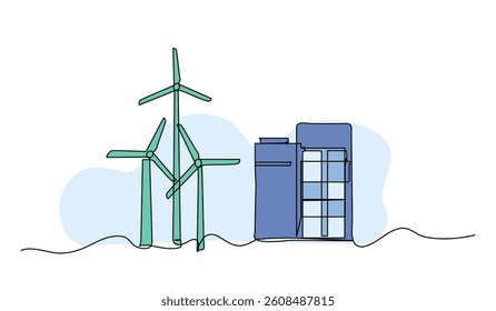 Vector illustration of wind turbines and modern building. Modern flat in continuous line style.