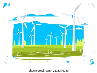 vector illustration of wind turbines on green fields, green energy