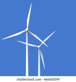 Vector illustration of wind turbines on clear blue background