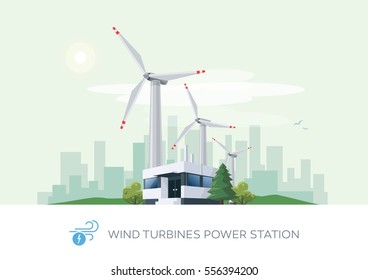 Vector illustration of wind turbines power station building icon with sun and urban city skyscrapers skyline on green turquoise background.