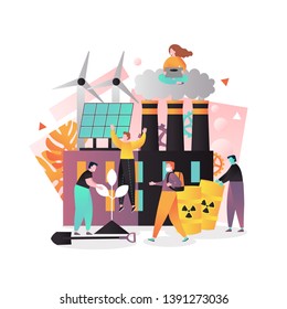 Vector illustration of wind turbines, solar panels, nuclear power plant with smoking pipes, people growing tree, wearing mask. Green energy and nature pollution sources concept for web banner webpage.