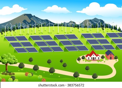A vector illustration of wind turbines and solar panels farm