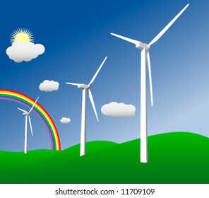 Vector illustration of wind turbines standing in a field with a rainbow in the background.