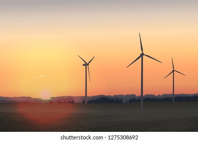 Vector illustration with wind turbines at sunset. Green power of future, sustainable source of energy. Rural landscape, countryside fields