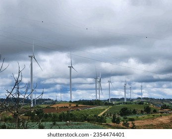 Vector illustration with wind turbines at sunset. Modern windmills as part of natural landscape. Aerial view of a windmill or windmill in the mountains of Phetchabun, Thailand. vector, art, windmill.