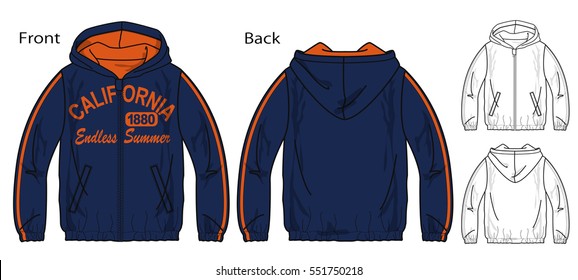 Vector illustration of windbreaker for a zipper. Front and back views