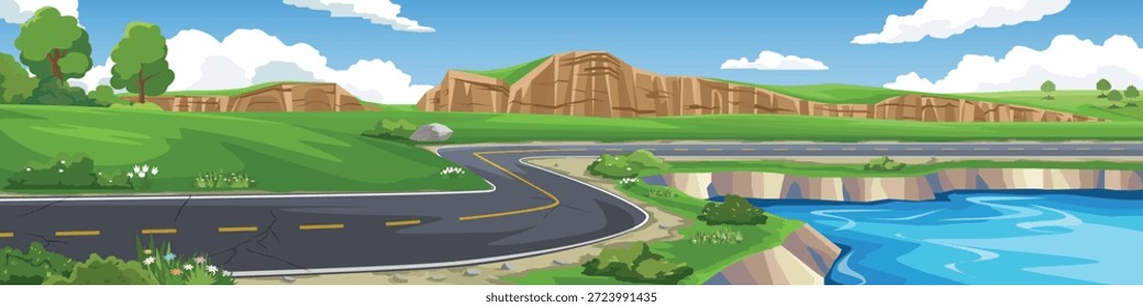 Vektorgrafik einer gewundenen Asphaltstraße, die durch eine grüne Landschaft mit einem Fluss, felsigen Klippen, Bäumen und einem blauen Himmel mit weißen Wolken verläuft. Szenischer Naturhintergrund für Reisekonzepte.