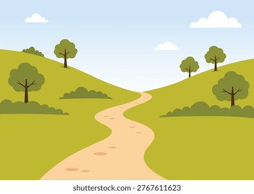 Vector illustration of a winding dirt path through green hills with trees, bushes and clouds under a blue sky.