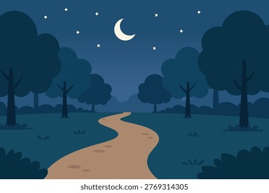 Vector illustration of a winding dirt path through a dark forest at night with a crescent moon and stars in the sky.